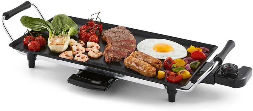 Geepas Teppanyaki Grill – Smokeless, Non-Stick, Adjustable Temperature - Easy-To-Clean, Removable Grease Tray, detachable cord – Indoor BBQ, Large Cooking Surface for Pancakes, Barbecue, Eggs and More