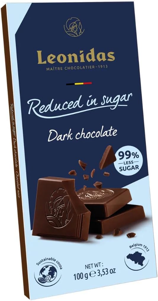 Leonidas Belgian Chocolate Reduced Sugar Bar, Pack of 2, 100 Grams Each (Dark Chocolate)