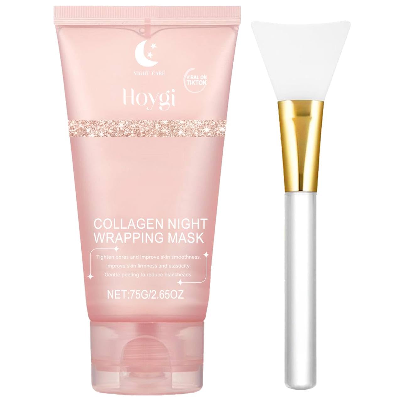 Collagen Overnight Wrapping Peel Off Facial Mask Pack, Collagen Night Wrapping Mask, Hydrates and Tightens Skin, Reduces Sagging, Elasticity & Hydration Care, 2.54 fl.oz (Brush Included)