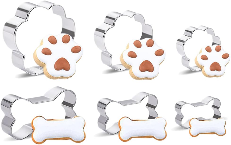 nuoshen 6 Piece Dog Cookie Cutter Set, Cartoon Dog Bone, Paw Print Animal Cookie Cutters Dog Shaped Mould for DIY Baking Biscuit Pastry Cutter