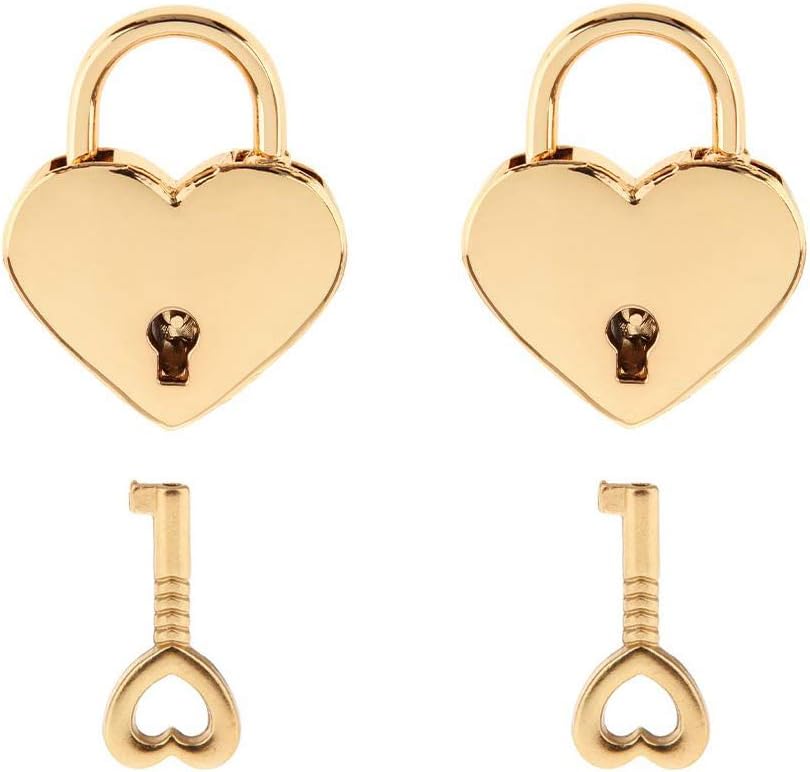 2 Pack Mini Heart Padlocks - Metal Love Padlocks for Jewelry Box, Storage Box, Diary, Book (Gold)