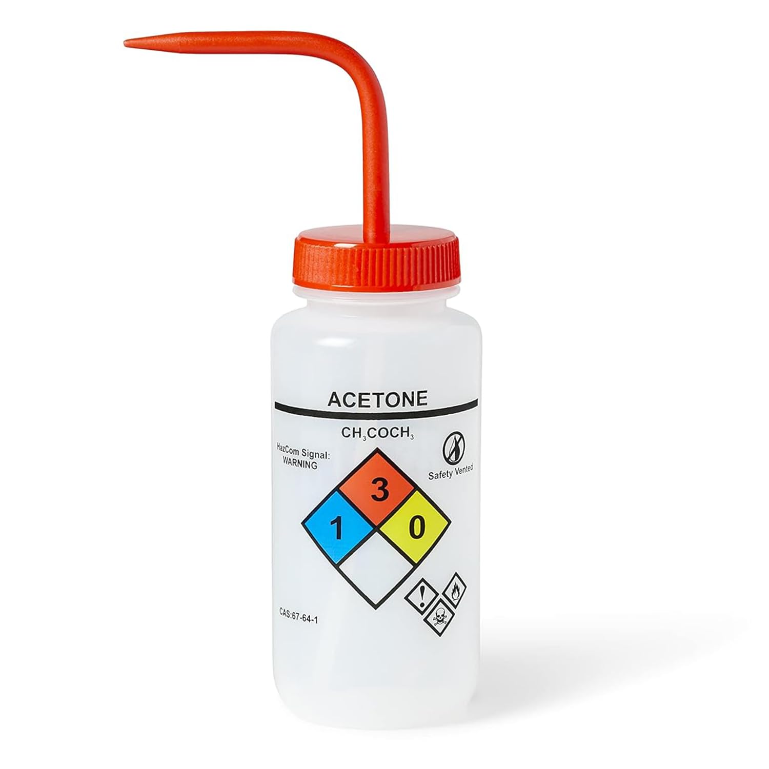 United Scientific™ UniSafe™ Self Venting Chemical Wash Bottle for Acetone - 500mL (16oz), Pack of 6 - Pre-Labeled LDPE Safety Acetone Squeeze Bottle w/Red Color-Coded Cap, Wide Mouth and Leak-Proof