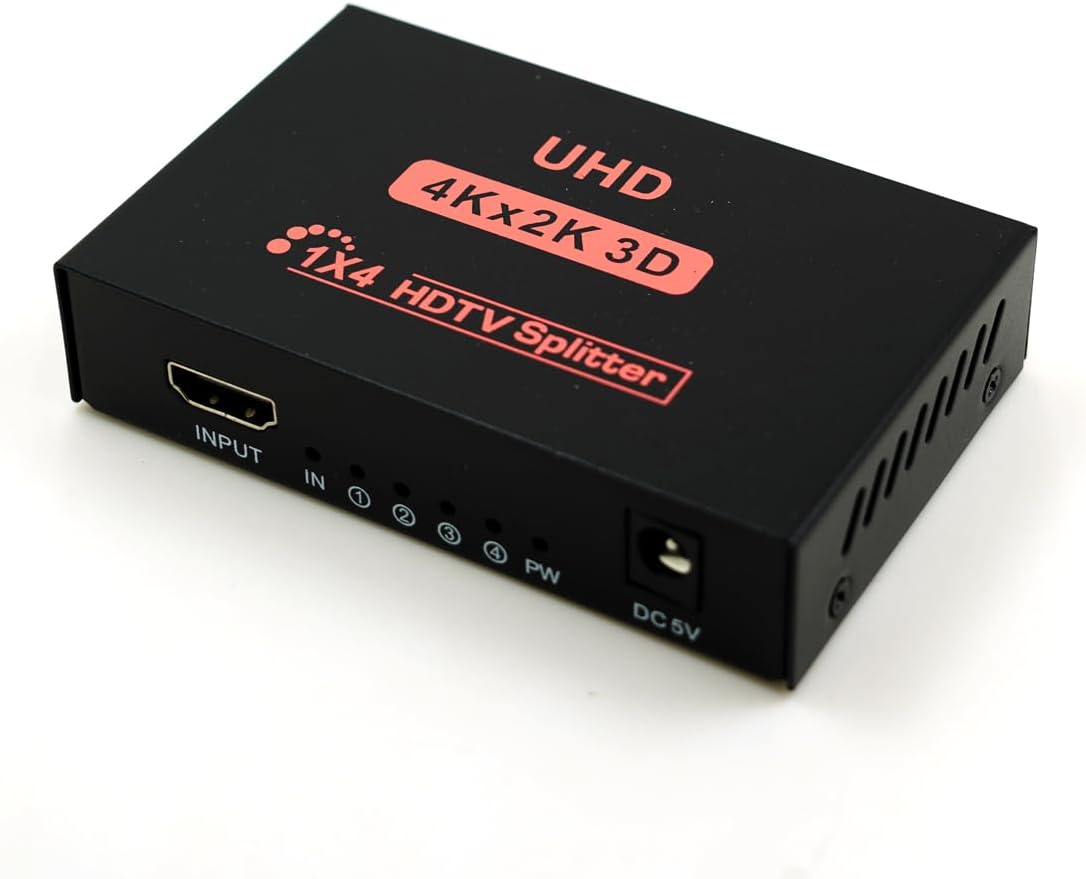 HDMI Splitter 1 in 4 Out V1.4 Powered 1x4 Ports Box Supports Full Ultra HD 1080P 4K/2K and 3D Resolutions (1 Input to 4 Outputs)
