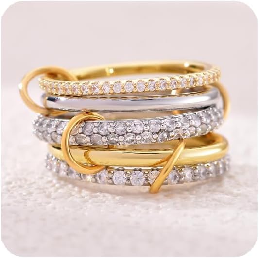 14K Gold Plated Interlocked Stackable Rings for Women Non Tarnish,Gold and Silver Cubic Zirconia Statement Rings Set,Mixed Metals Ring Two-Toned Connected Bands Stacking Jewelry
