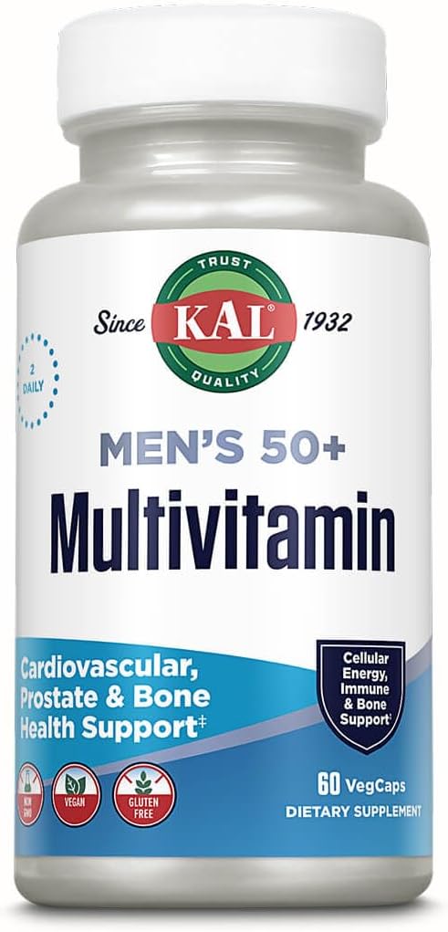 KAL Men's 50 Plus Multivitamin – Heart Health and Prostate Support Supplement with Vitamin D, Vitamin C Zinc, B12 Vitamins, Mens 50 Plus Multivitamin – 30 Servings, 60 VegCaps