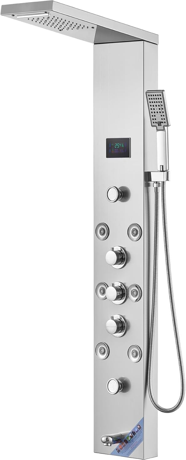 VEVOR Shower Panel, 6 Shower Modes, LED & Screen Hydroelectricity Shower Tower Panel System, Rainfall, Waterfall, 8 Massage Jets, Tub Spout, Handheld Shower, Stainless Steel Wall-Mounted Shower Set