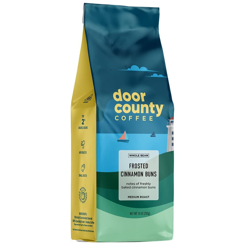 Door County Coffee Frosted Cinnamon Buns Flavored Whole Bean Medium Roast - 10 oz Bag - 100% Specialty Grade 1 Arabica Coffee