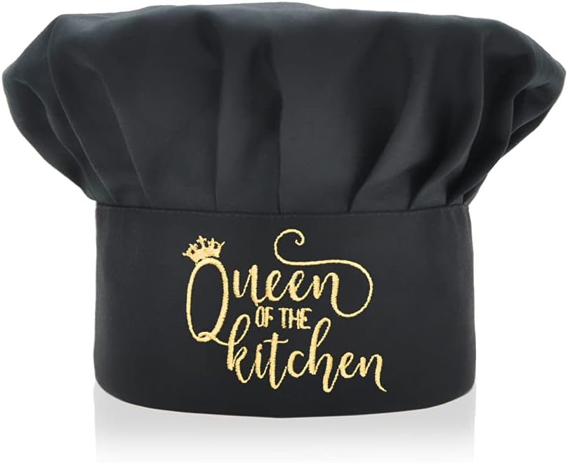 Queen of The Kitchen Chef Hat, Funny Chef Wear, Embroidered Design, Adjustable Kitchen Cooking Hat for Men & Women Black, Birthday for Mom Wife Girlfriend Aunt Grandma