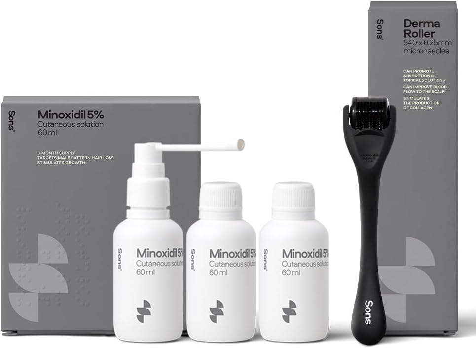 Sons Minoxidil 5% Spray (3x60ml) & 0.25mm Dermaroller for Men, Clinically Proven Hair Regrowth Formula, Hair Loss Treatment, Stimulates Follicles, Precise Applicator, Microneedling Boosts Absorption