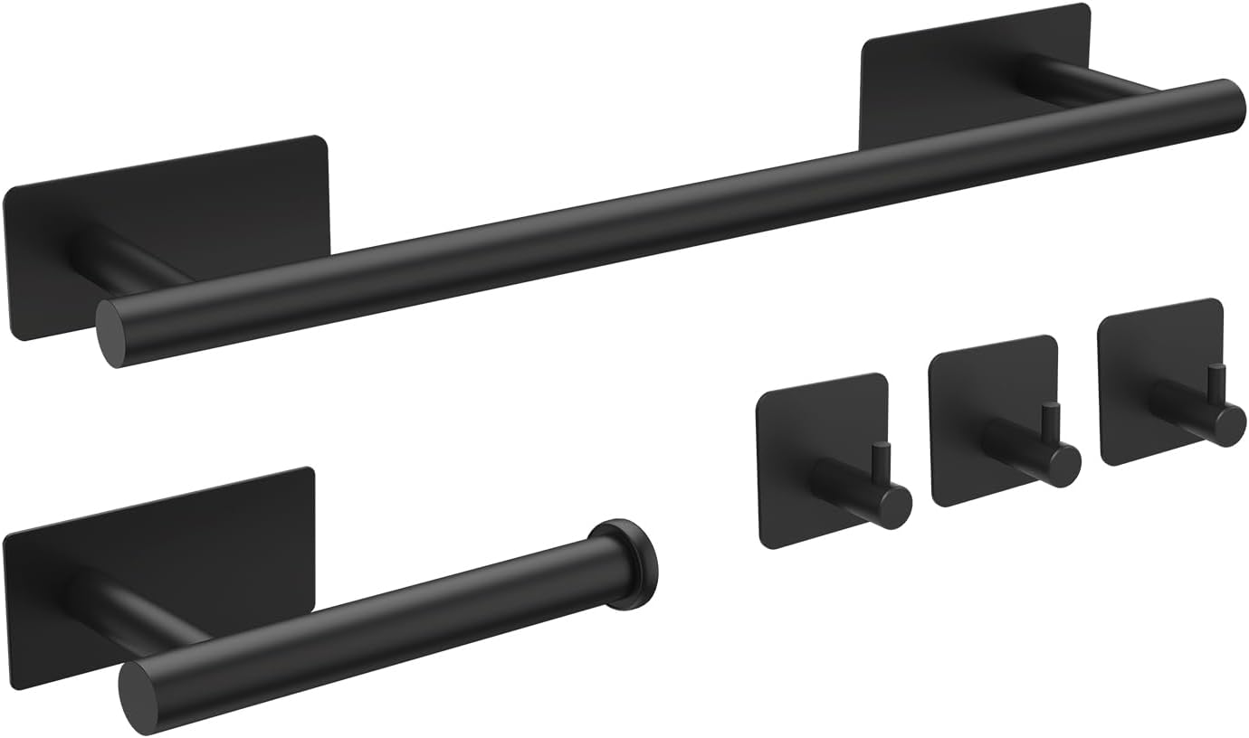 Ibergrif 5pcs Bathroom Accessories Set, Black Toilet Roll Holder, Towel Rail, Hook, Wall Mounted or Self Adhesive, No Drilling M34452B