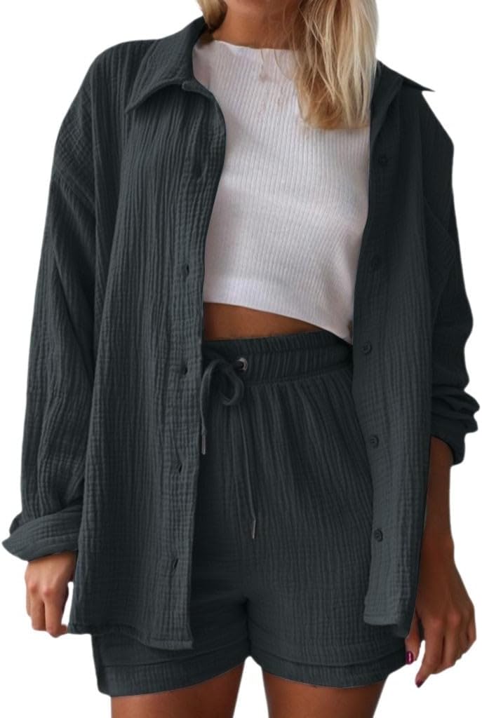 Womens Summer 2 Piece Outfit Ladies Leisure Co Ord Sets Button Down Cotton Linen Shirt and Shorts with Pockets Lounge Set Tracksuit Y2K Aesthetic Clothes