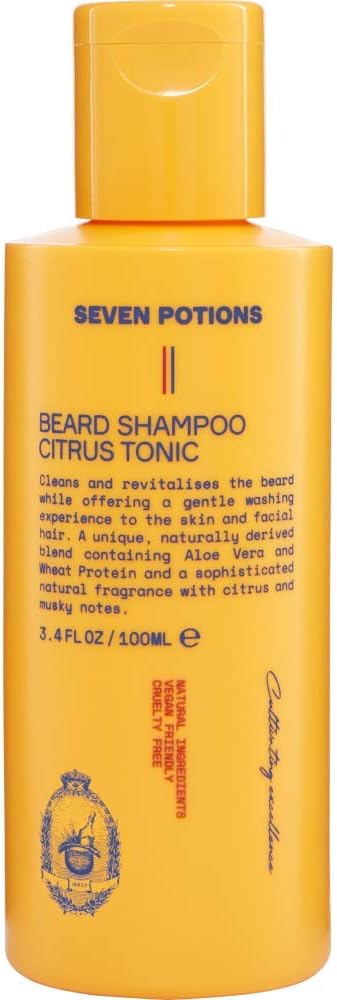 Seven Potions Beard Shampoo for Men — Gentle, Cleansing Beard Wash for a Clean Beard with No Beard Itch — Natural, Vegan, Cruelty Free — Citrus Tonic (100 ml)