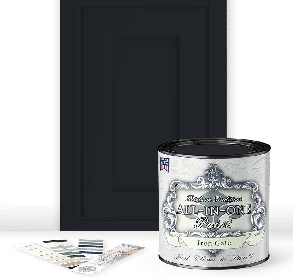 ALL-IN-ONE Paint, Durable cabinet and furniture paint. Built in primer and top coat, no sanding needed. Includes our 30 featured color card - Iron Gate, Quart