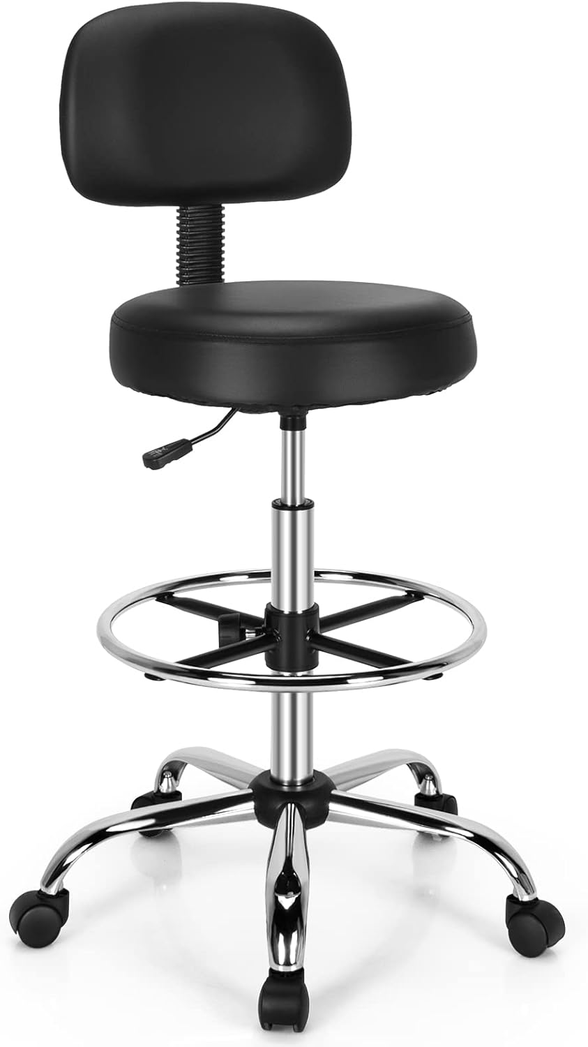 COSTWAY Ergonomic Drafting Chair, Height Adjustable Stool Swivel Office Chair with Backrest and Adjustable Footrest, Mid-Back Leather Padded Rolling Stool Task Desk Chair for Home Office Studio, Black