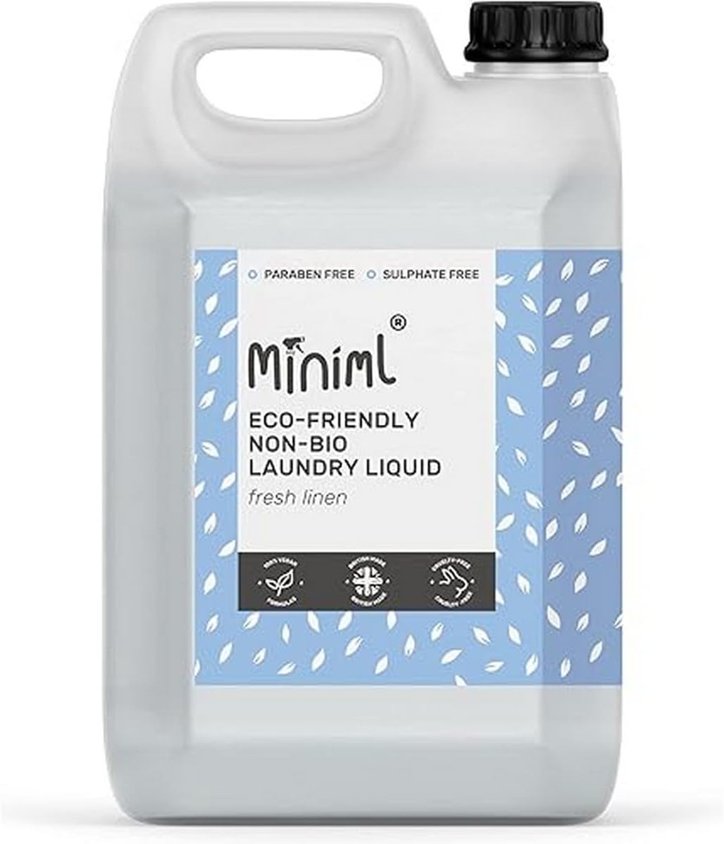 Miniml Eco Laundry Liquid Washing Detergent 5L Refill - Natural Non Bio Fresh Linen Scented Clothes and Fabric Softener for Machine or Delicate Hand Cleaning - 100% Vegan & Cruelty Free (165 Washes)