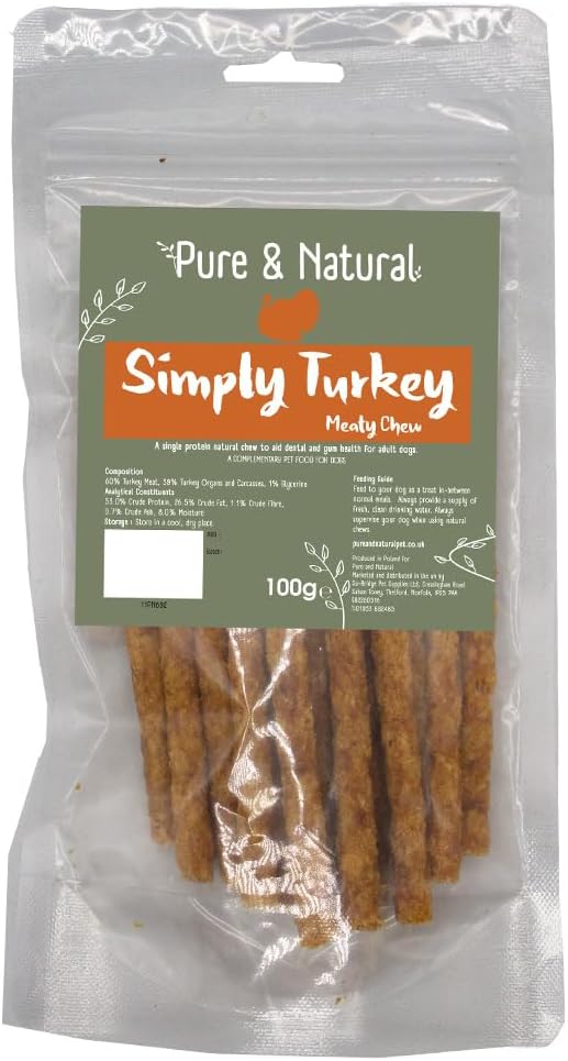 Pure & Natural Simply Turkey Meaty Sticks - Turkey Dog Treats, Low Fat & Lean Protein Dog Stick, Grain Free, Natural Dog Chews - 100g Bag