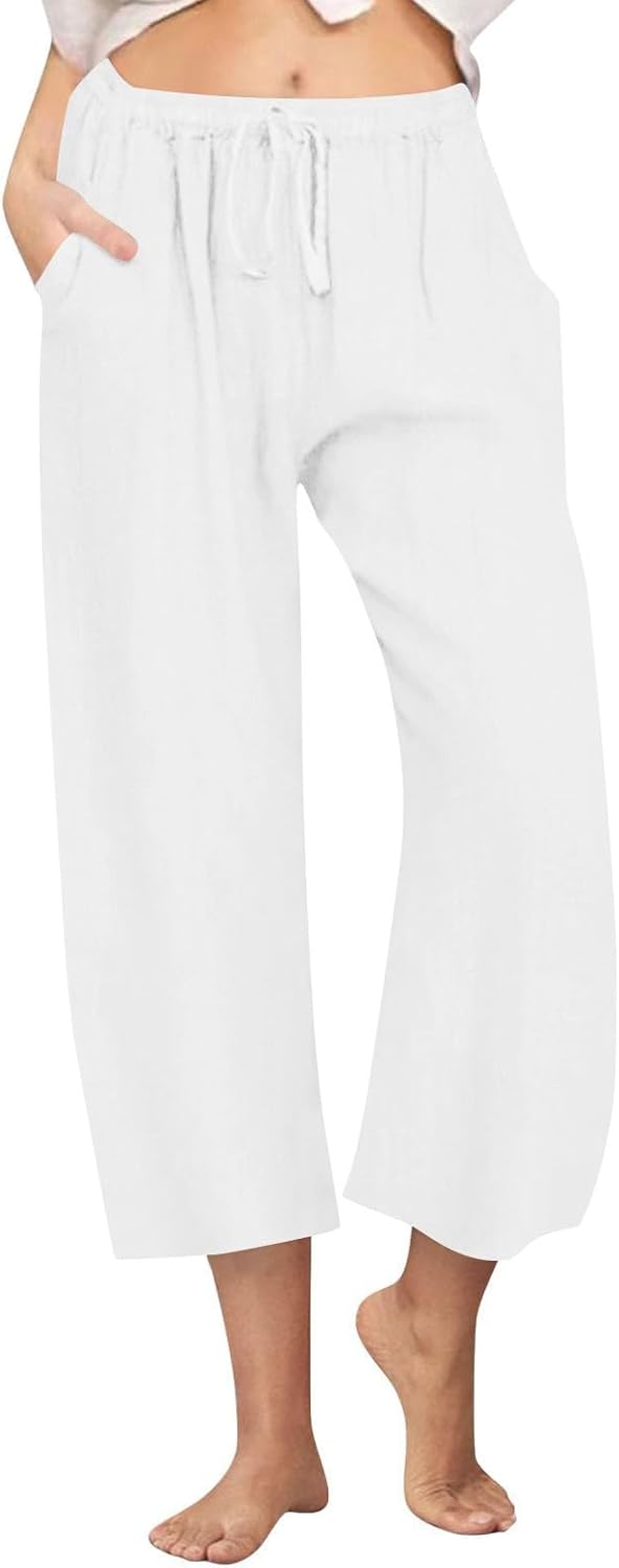 KUIH Linen Trousers Womens Elastic Waist Cropped Trousers Lightweight Summer Capri Pants with Pockets Ladies Casual Linen 3/4 Length Trouser Straight Leg Beach Pants Tracksuit Bottoms