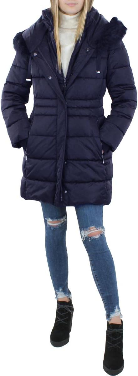 TAHARI Women's Puffer Jacket with Faux Fur Trimmed Hood Down Alternative Coat