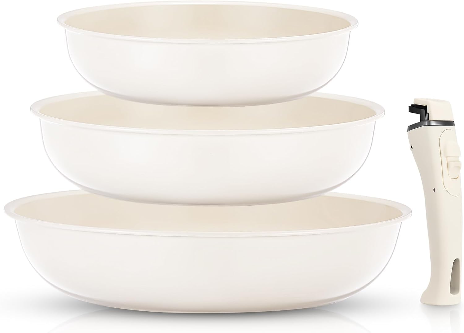 FOHERE Nonstick Frying Pan Set with Detachable Handle, 3PCS 20 24 28 CM Non Toxic Diamond Ceramic Pan, Oven Safe Skillets and Frying Pans, Compatible with All Stoves(Induction), Beige