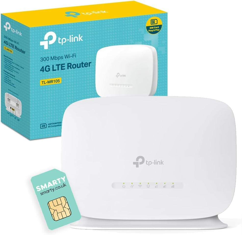 TP-Link TL-MR105 WiFi 4G Router with Free SIM Card, N300Mbps Wireless 4G Cat4 LTE Network, Ethernet Port, Mobile WiFi Router, External Antenna Ports, Plug & Play