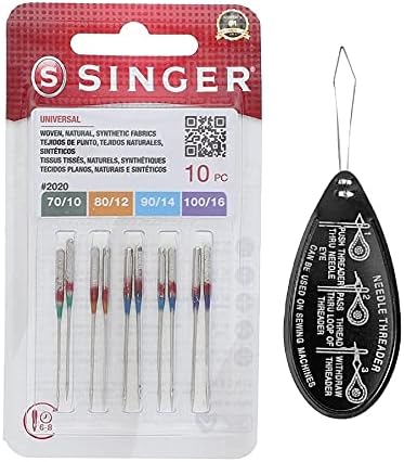 Singer Universal 2020 Sewing Machine Needles, Packet of 10, Assorted Sizes 70/10, 80/12, 90/14 & 100/16, Includes Large Needle Threader