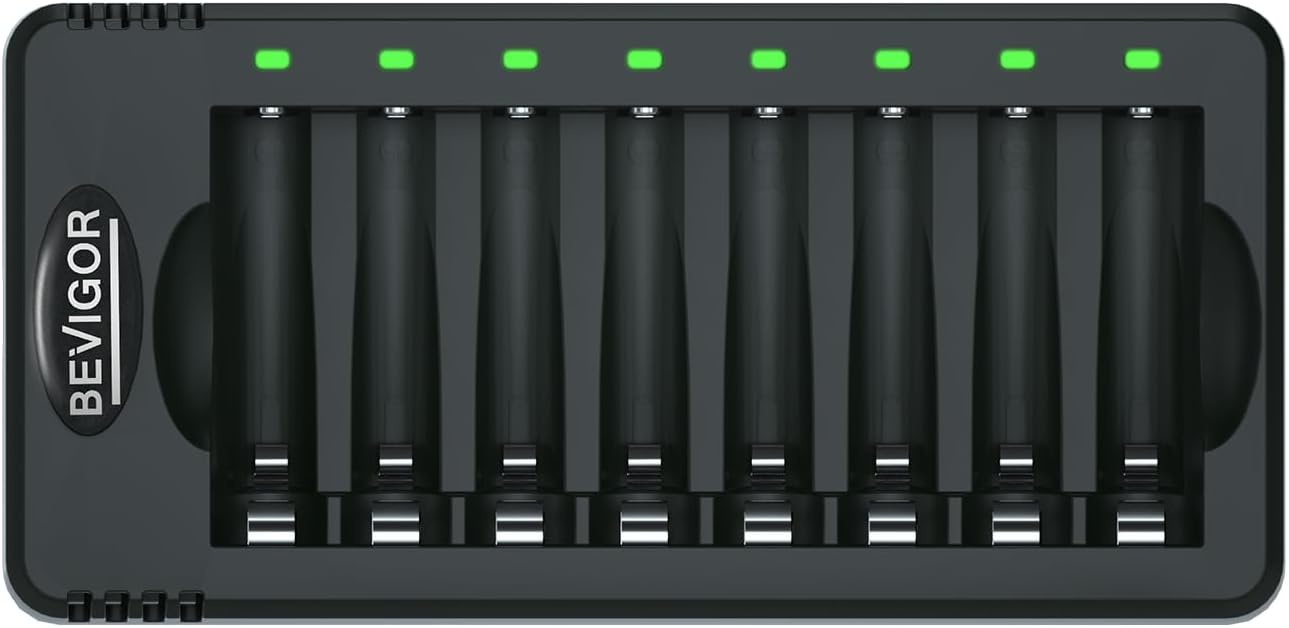 BEVIGOR LED 8-slot Battery Charger for AA & AAA Rechargeable Batteries, Type C Input 5V 2A Fast Charging Function for Ni-MH Ni-CD Rechargeable Batteries, AA AAA Battery Charger