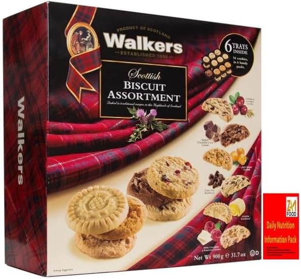 Walkers Shortbread Scottish Biscuit Assortment, 900g Box, Varities Biscuits with zamfoods nurtirion pack | 54 Cookies, 6 Varieties & Handy Packs | Christmas, Fathers & Mothers day gift (1, 900g)