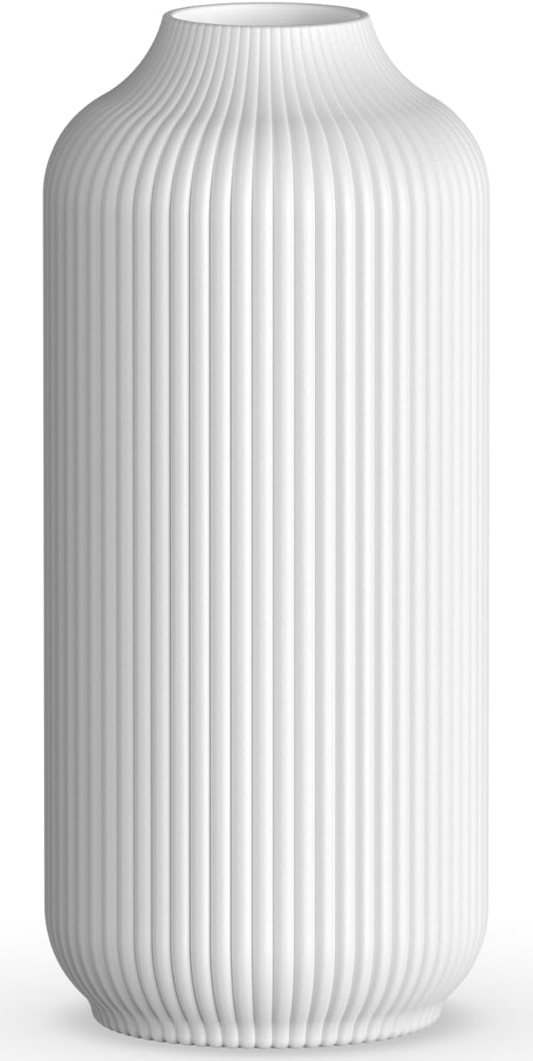 Ribbed White Ceramic Vase - Decorative Flower Vase for Pampas Grass - White vases For Home Living Room & Boho Home Decor - Table Dining (white)