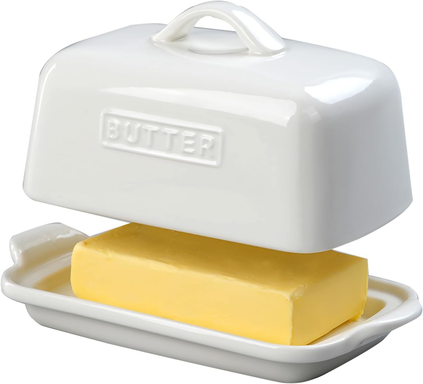 JSHKY Butter Dish for a Whole 500g UK Butter Block (Also Fits Two 250g Blocks), Large Porcelain Butter Storage for Counter, Ceramic Butter Container, Color- White.