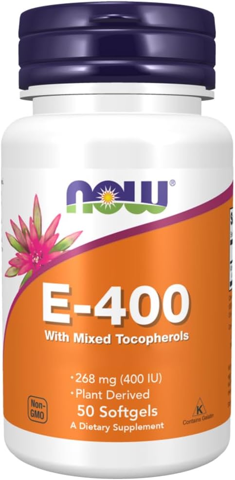 Now Foods Vitamin E 400 IU, D-Alpha-Tocopherol, High Dose, 50 Softgels, Gluten Free, Soy Free, Non-GMO