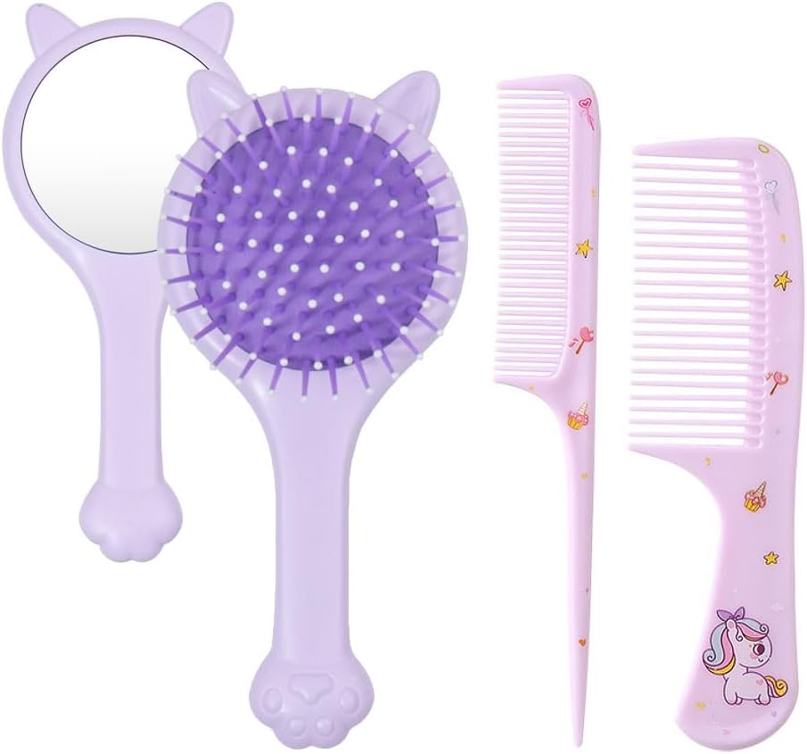 3pcs Girls Hair Brush and Comb Set - Hair Detangling Brush with Mirror Wide Tooth Hair Styling Combs Detangler Baby Comb Set for Kids Curly Straight Long Hair, Purple Cute Cat