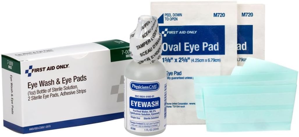 First Aid Only 5-Piece Eye Wash Kit with Oval Eye Pads, First Aid Adhesive Strips & Emergency Eye Rinse