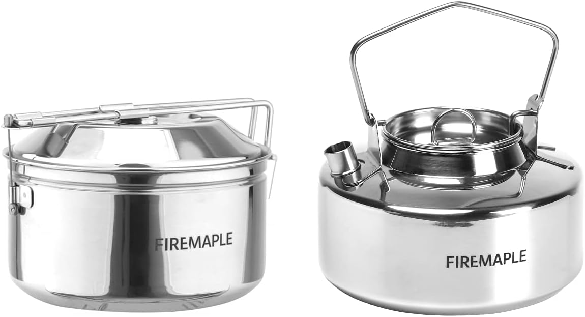 Fire Maple Antarcti Stainless Steel Kettle and Pot Set 1.0L Camping Kettle and 1.0L Cooking Pot Stovetop Tea and Coffee Pots for Openfire Camping Cookware Portable for Bushcraft Fishing Backpacking