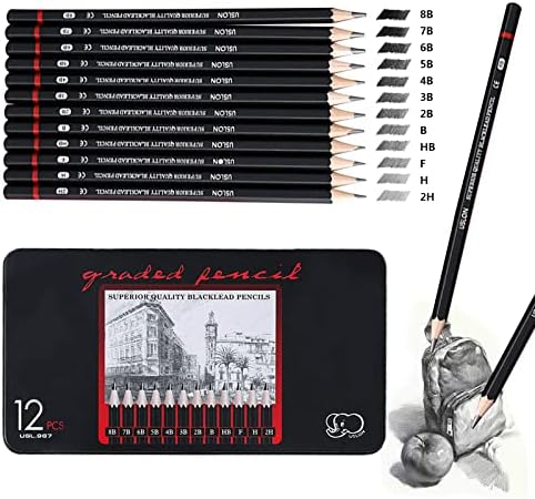 Sketching Pencils,12pcs Drawing Pencil Professional Set 8B 7B 6B 5B 4B 3B 2B B HB F H 2H Art Pencils for Adults Artists Beginners Students Beginners Designers and Kids