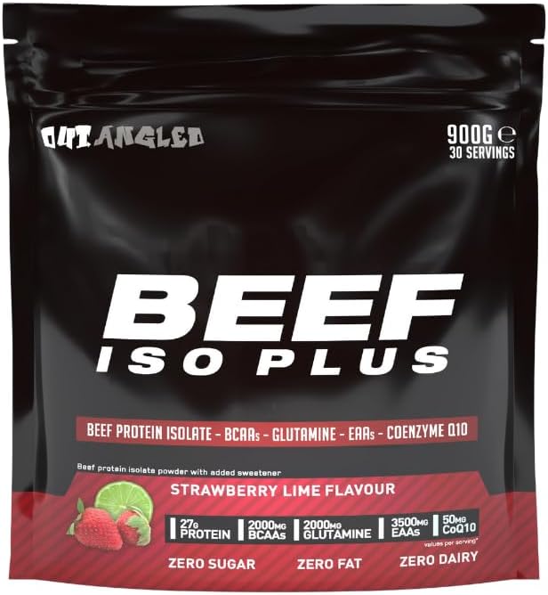 OUT ANGLED Beef Iso Plus, Beef Protein Isolate Powder Clear Protein, High Protein, No Fat and No Sugar | 900g Strawberry Lime | Halal, Paleo and Keto Friendly, Dairy Free, Gluten Free