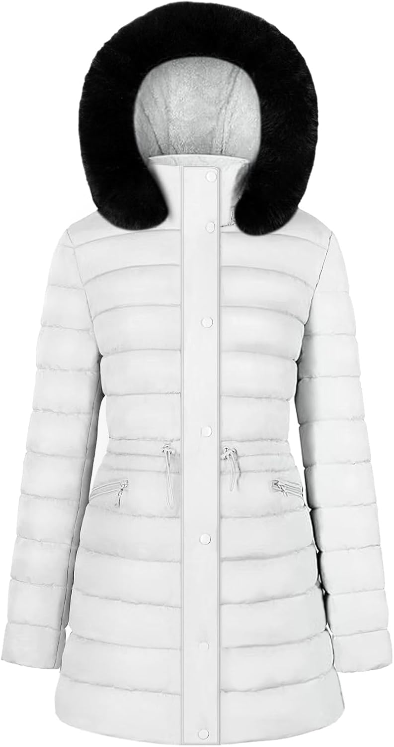 BodiLove Women's Warm Winter Quilted Puffer Short Coat Jacket Plus Sizewith Removable Faux Fur Hood and Zipper White L