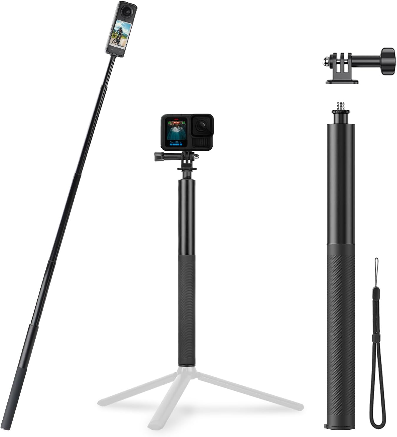 BRDRC 53" Invisible Selfie Stick for Insta360 X5 X4, Extended Monopod Pole Heavy Duty Solid Compact for Insta 360 X5 X4 X3 X2 X Accessories (with Go Pro Adapter and Wrist Strap)