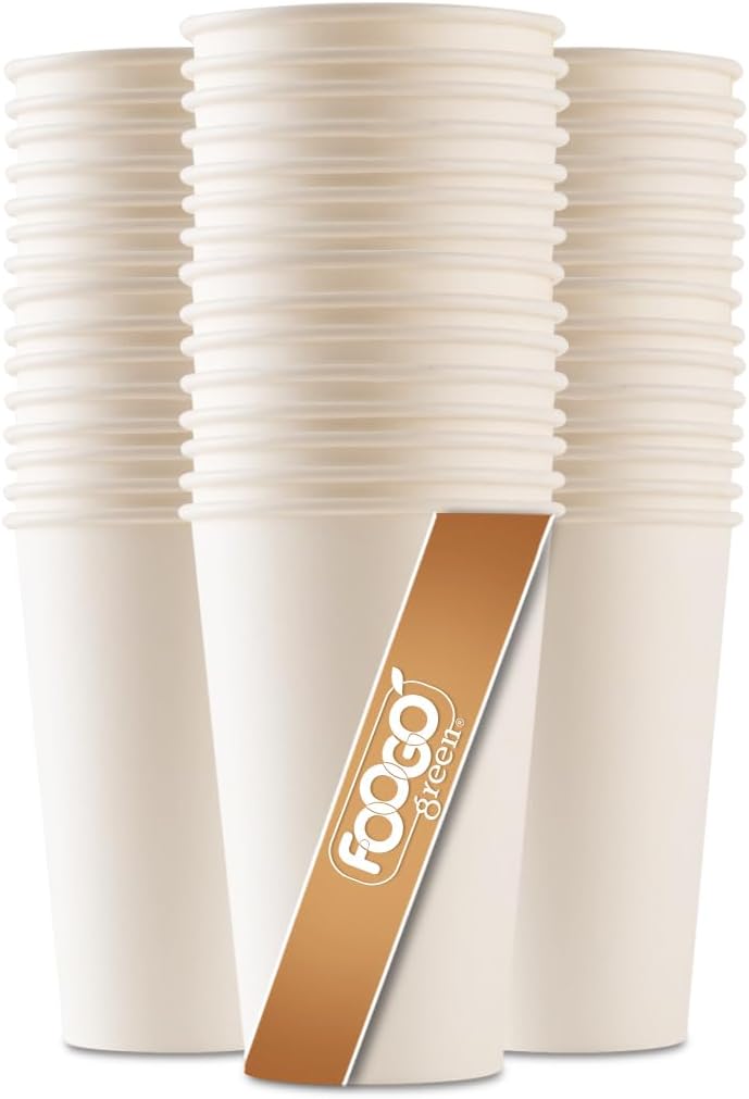 FOOGO Green 100pcs 16oz Disposable Strong Single-Wall White Paper Coffee Cups, FSC® Certified, Fully Compostable, Takeaway, Paper Cups for Hot Drinks, Parties, Eco-Friendly