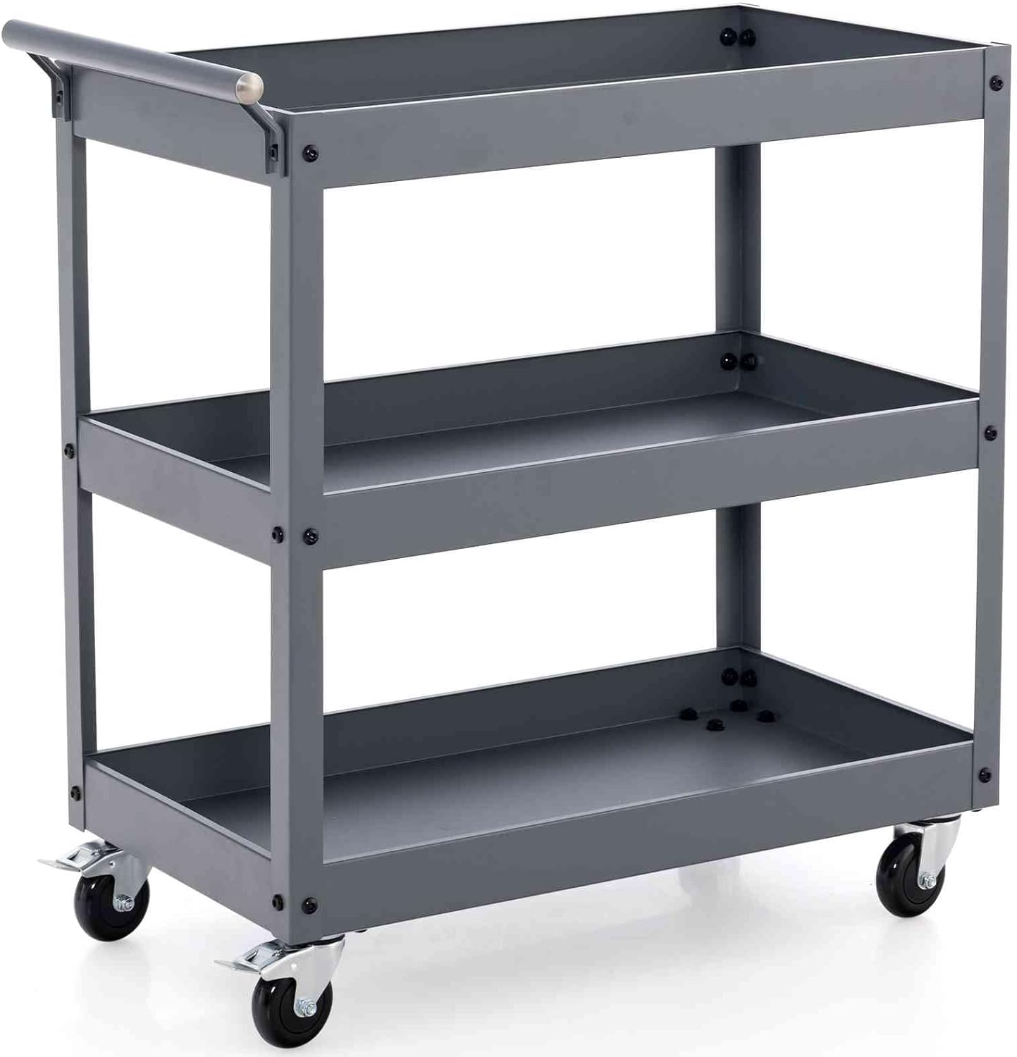 TANGZON 2/3-Tier Rolling Tool Cart, Utility Service Cart with Towel Rack Handle & Wheels, Heavy-duty Steel Mobile Tool Storage Garage Trolley Shelves (Grey, 3 Tier, 76x38x78cm)