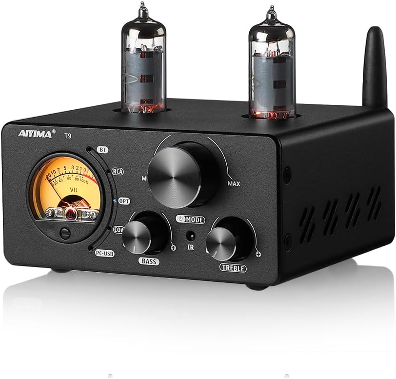 Upgraded AIYIMA T9 Bluetooth 5.0 6K4 Vacuum Tube Amplifier 2.0 Channel TPA3221 USB DAC 100Wx2 Stereo Receiver Amp COAX/OPT HiFi Home Audio Digital Amplifiers with VU Meter