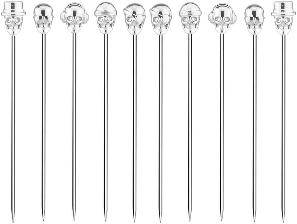 Skull Cocktail Picks Martini Picks Reusable Olive Picks Garnish Skewer Fruit Toothpicks Pack of 10 (Silver)