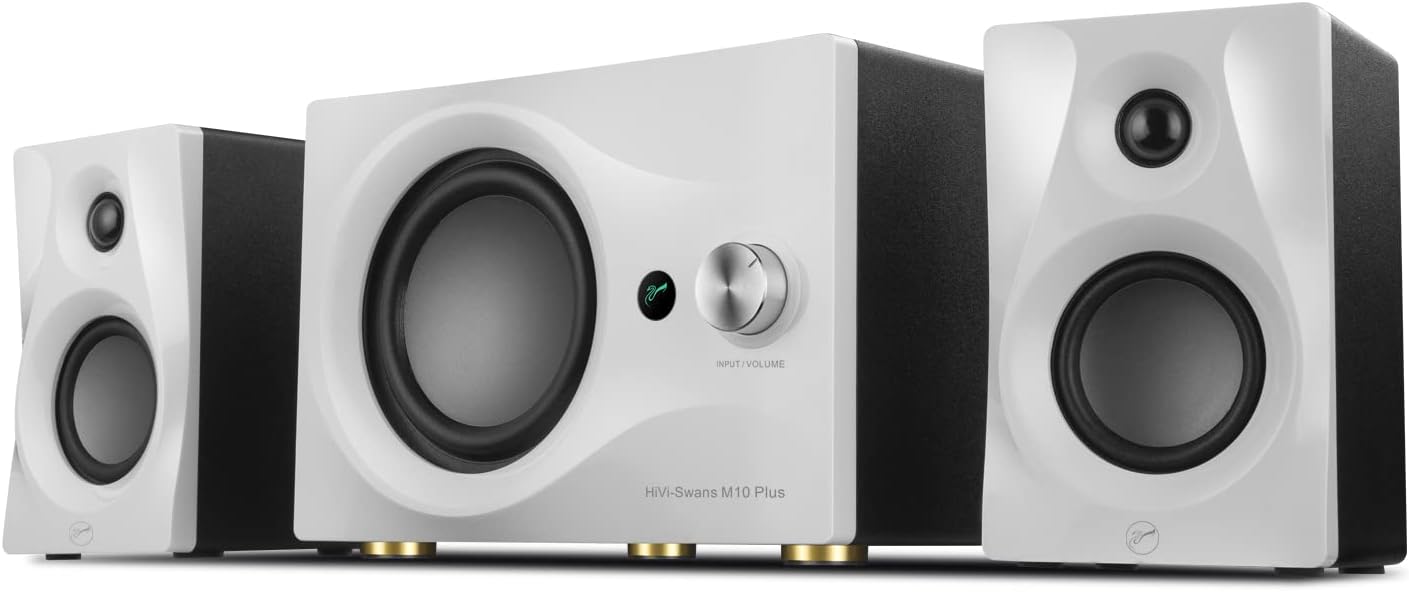 HiVi-Swans M10 Plus White Bookshelf Speaker, Bluetooth Powered Computer Speakers with Subwoofer 2.1 Home Speakers Stereo System – 60W RMS – AUX Audio