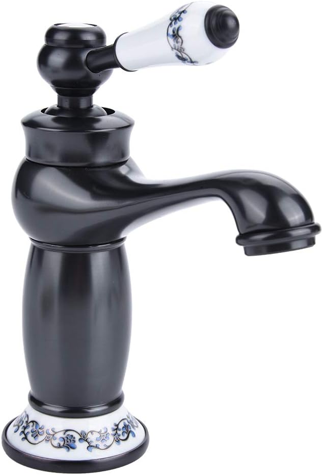 Ceramic Antique Brass Faucet Bathroom Sink Faucet Blue White Porcelain Long Neck Vintage Faucet Mixer Sink Tap Kitchen Cold/Hot Water Basin Tap(Black)