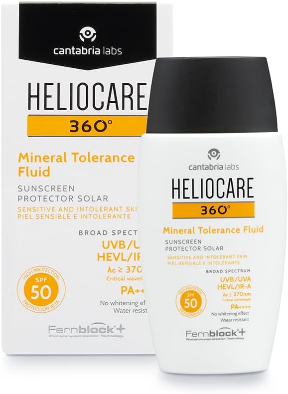 Heliocare 360 Mineral Tolerance Fluid SPF50 50ml / Mineral Sunscreen For Face/Daily UVA UVB Visible Light and infrared-A Hypoallergenic Sun Protection/Silky Transparent Finish, White