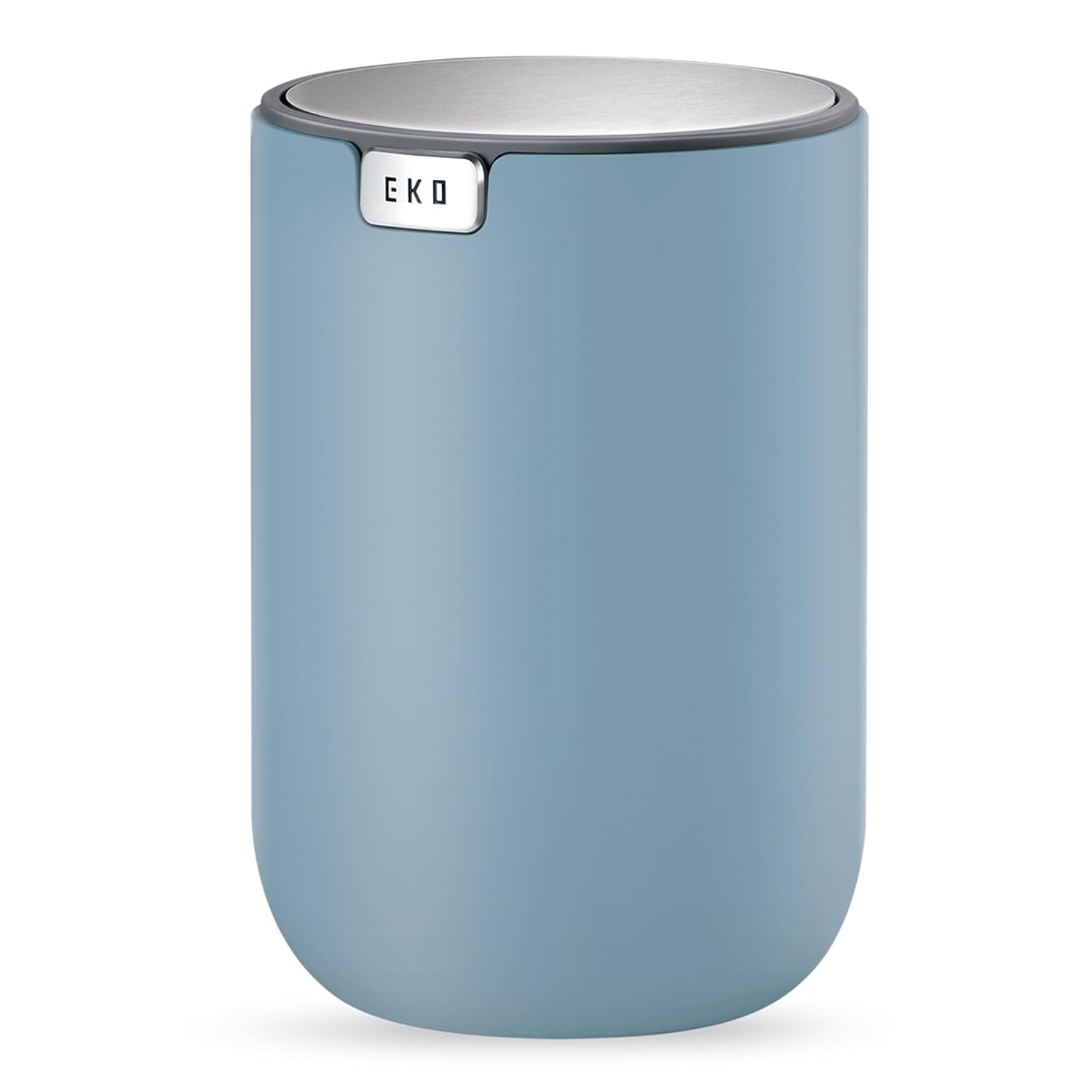 EKO Mini Desk Trash Can with Swing-Top Lid 0.4 Gallon Small Table Round Wastebasket for Office, Home, Car (Blue)