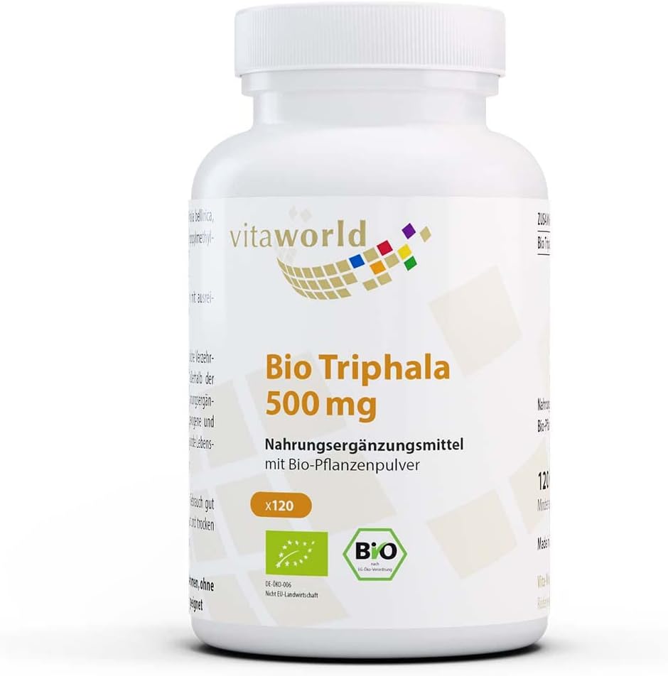 Vita World Organic Triphala 500 mg 120 Capsules, Herbal Blend Tripod, Amalaki, Bibhitaki and Haritaki Vegan Made in Germany - with Analysis Certificate
