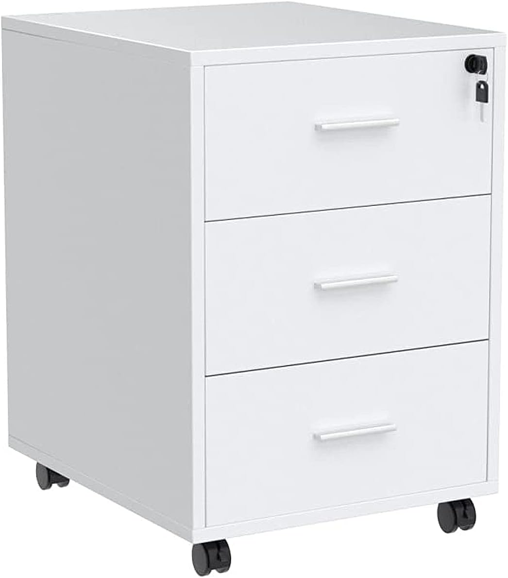 NICEME 3-Drawer Mobile Filing Cabinet, Office Under Desk Storage Drawers Unit with Wheels, File Cabinet Desk Pedestal Rolling Printer Stand for Home Office Storage (Lockable, White)