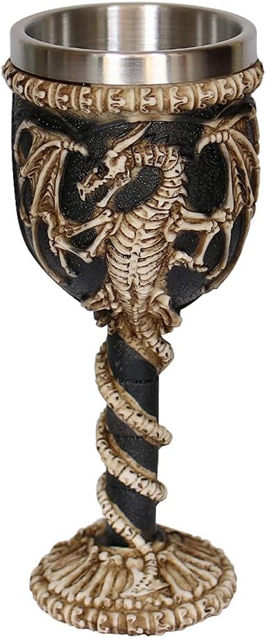 Stainless Steel Medieval Dragon Chalice Goblet, Gothic Dragon Skeleton Ossuary Wine Cups 7oz.