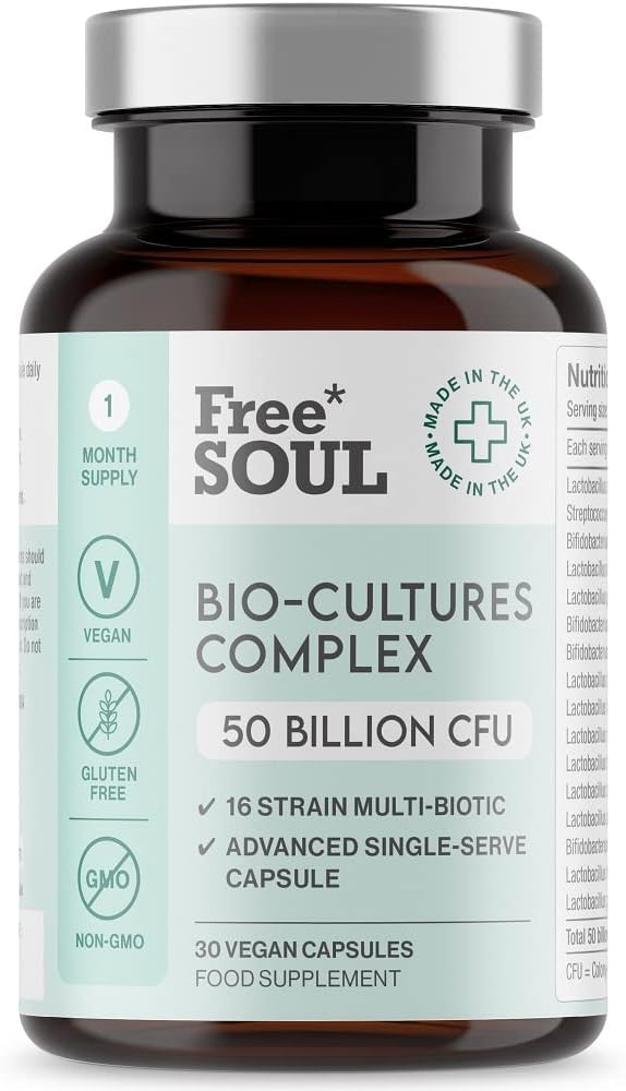 Free Soul 50 Billion CFU Pro Bio Cultures Complex with 16 Live Strains | Advanced Single Capsule Serving with Multi Strain Formula | Vegan Digestive Enzyme Supplement for Gut Health | 30 Capsules