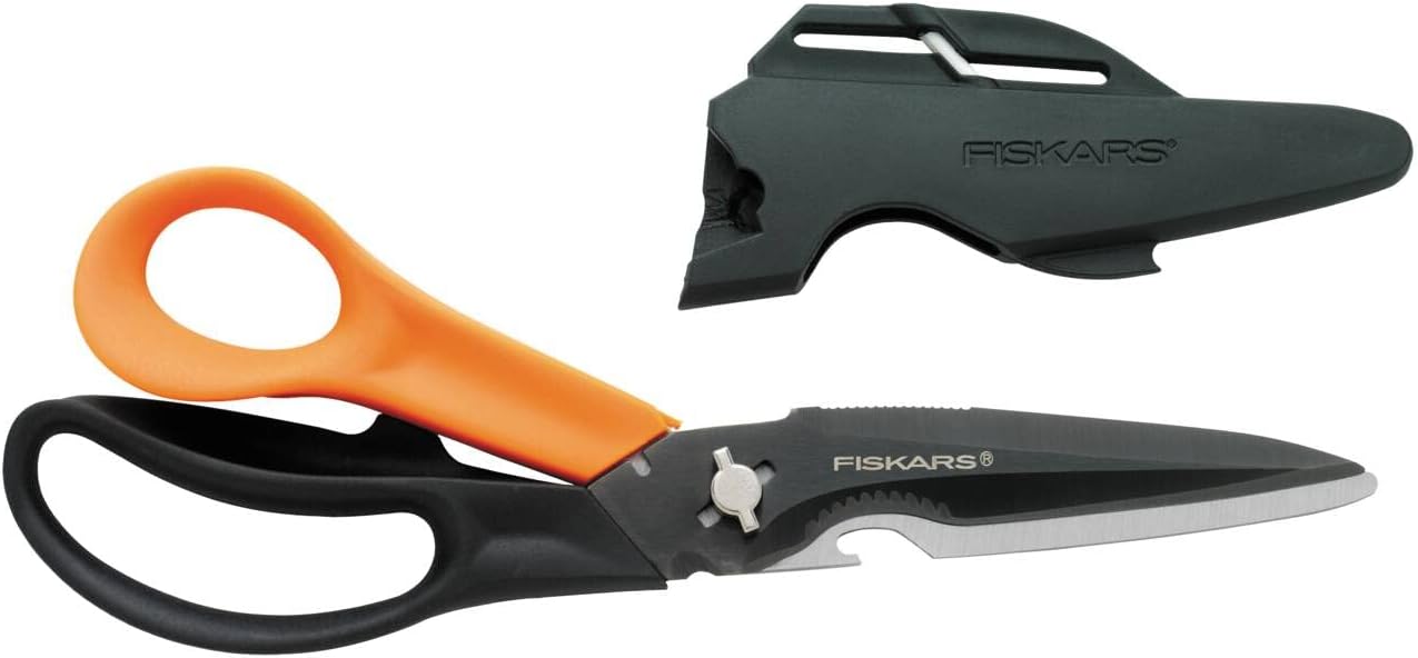 Fiskars Cuts + More Multi-tool Scissors, Includes Protective Case With Scissor Sharpener, Length: 23 cm, Titanium Coating, Stainless Steel Blade/Plastic Handles, Black/Orange, 1000809